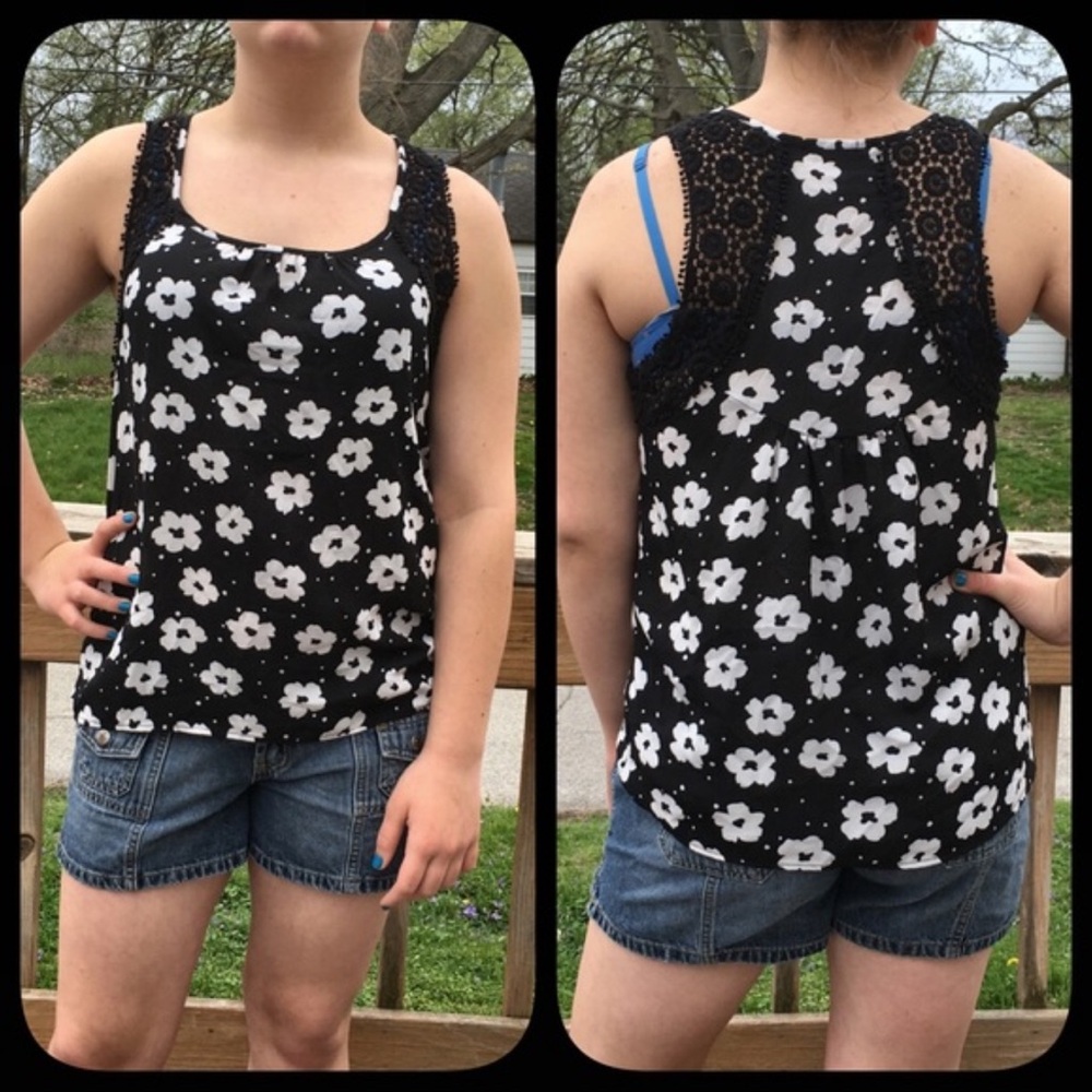 Black Crochet Lace Floral Print Top! NEW!